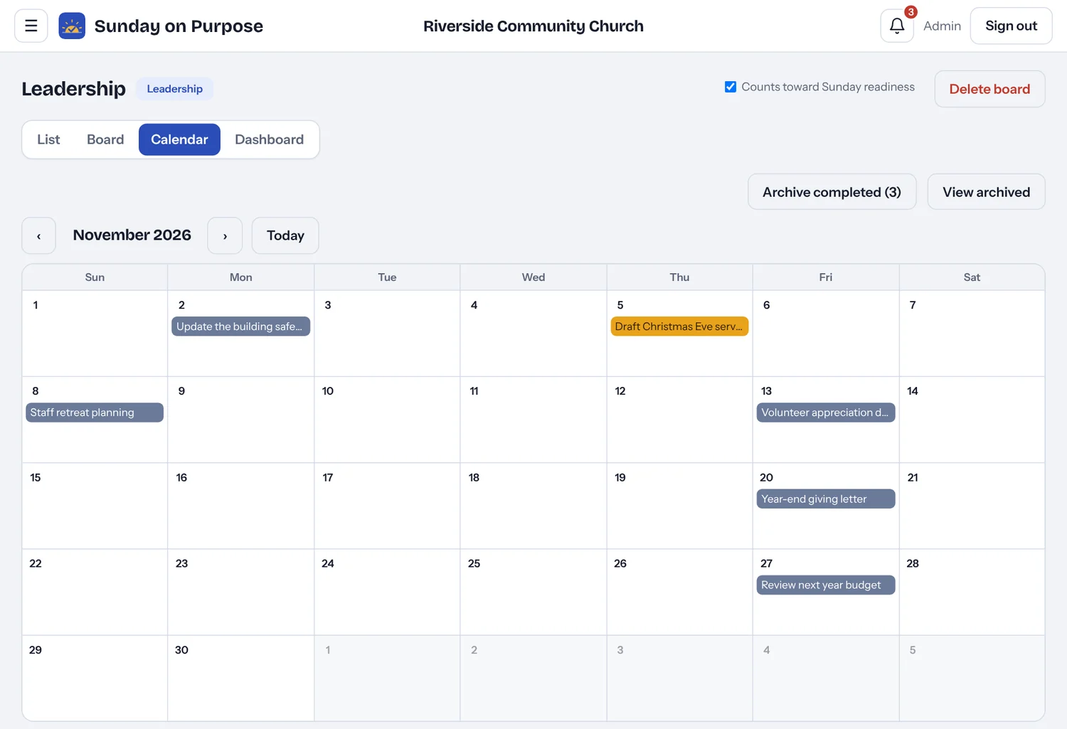 Calendar view of Sunday on Purpose