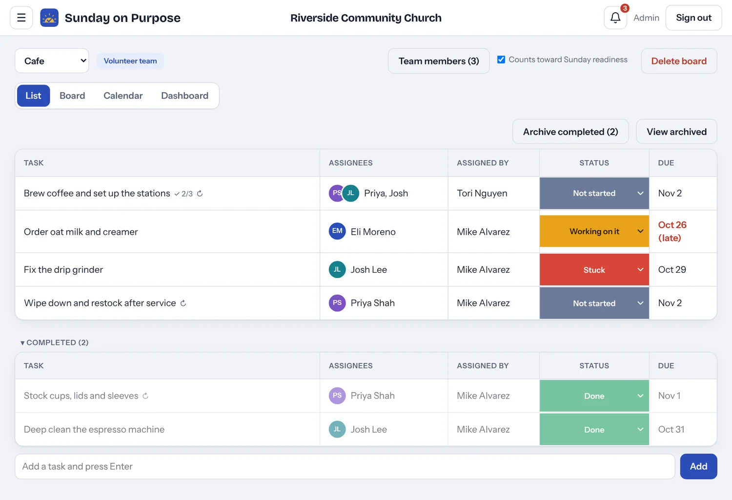 List view of Sunday on Purpose