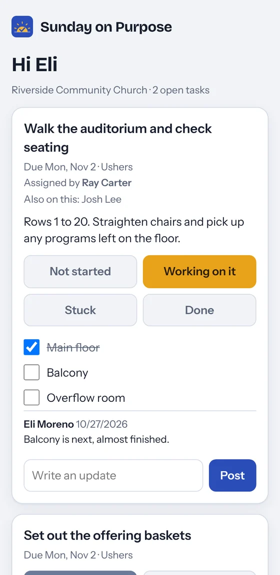 The volunteer page on a phone, showing a task with status buttons, a checklist and an update box